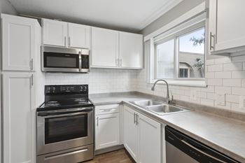 A modern kitchen with white cabinets and stainless steel appliances.